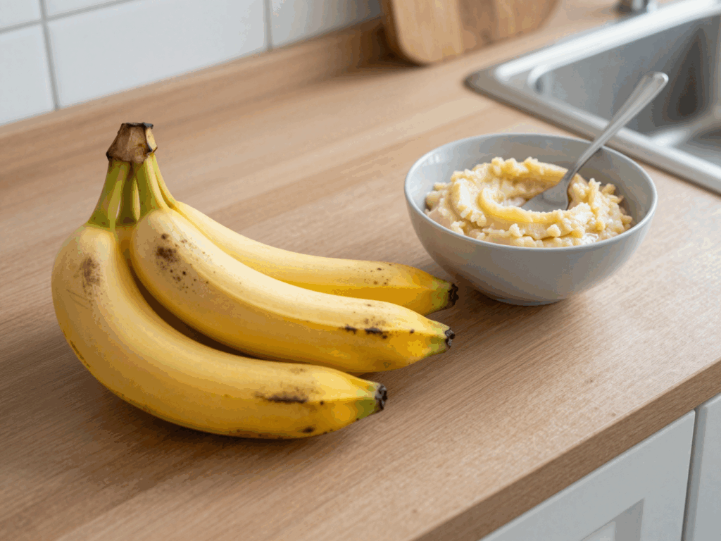 Überreife braune Bananen und zerdrücktes Bananenmus in einer Schüssel