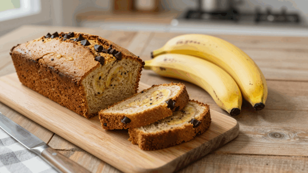 Angeschnittenes Bananenbrot mit Schokotropfen auf einem Holzbrett