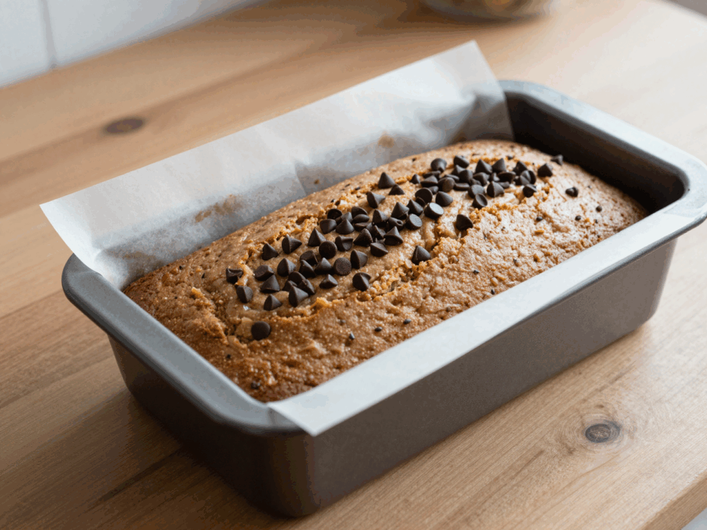 Bananenbrot-Teig in der Kastenform mit Schokotropfen bestreut