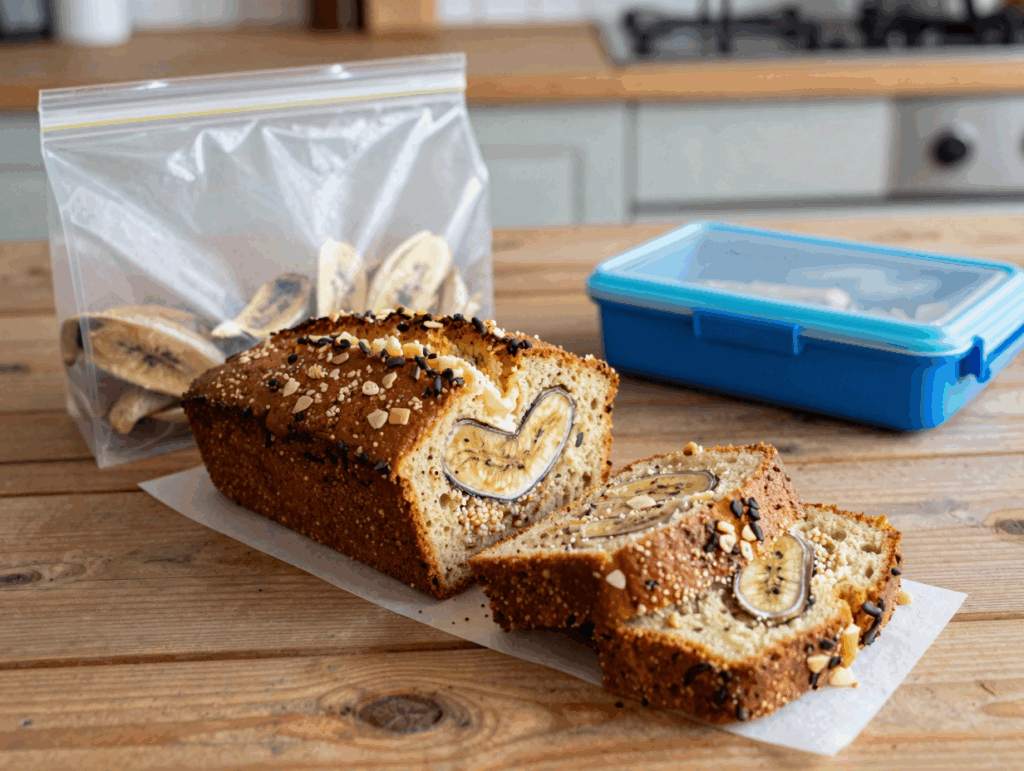 Bananenbrot in Scheiben geschnitten neben Gefrierbeutel und Brotdose