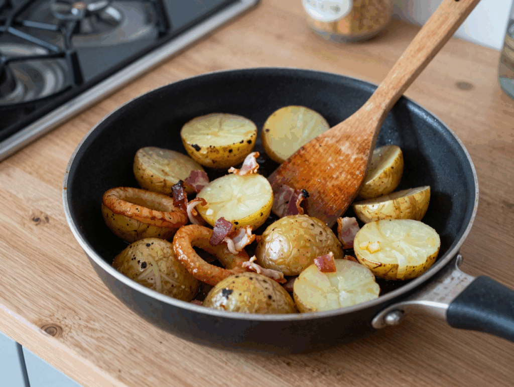 Kartoffelscheiben, Zwiebelringe und Speckwürfel braten in der Pfanne.