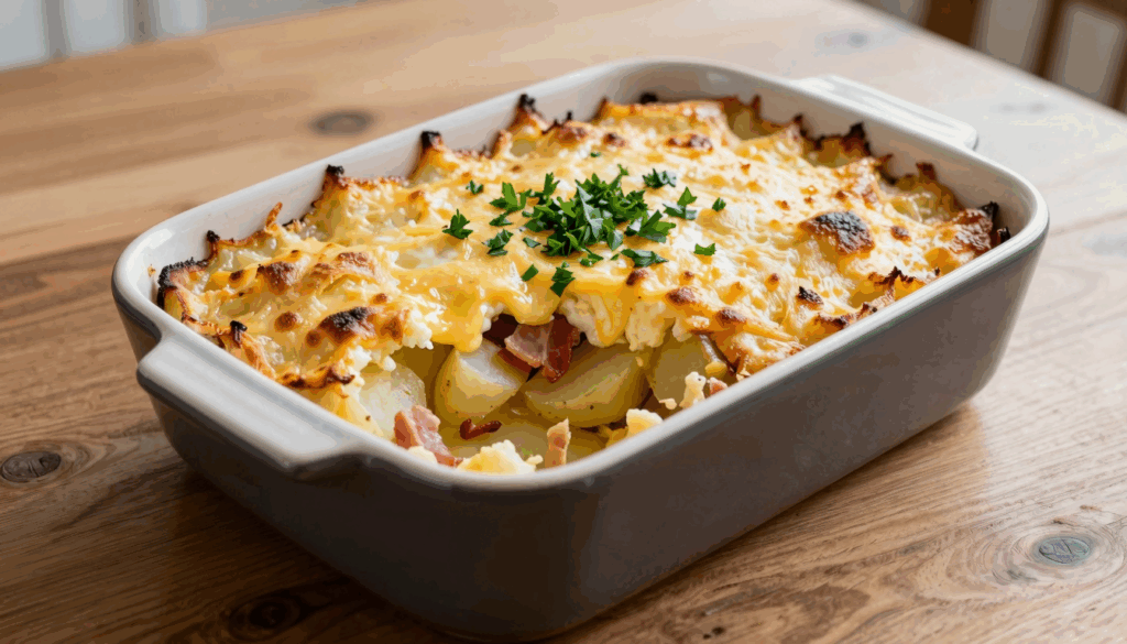 Bauernauflauf mit Kartoffelscheiben, Speck und Käsekruste in der Auflaufform