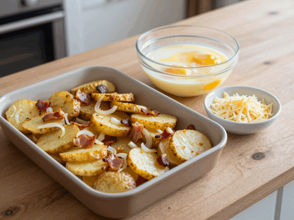 Die Auflaufform mit Kartoffeln und Speck, daneben verquirlte Eier und Reibekäse