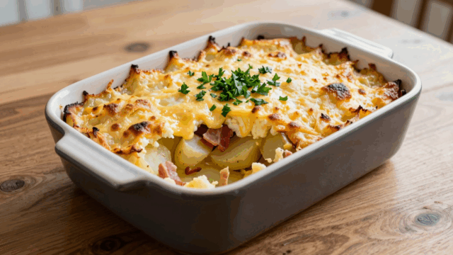 Bauernauflauf mit Kartoffelscheiben, Speck und Käsekruste in der Auflaufform