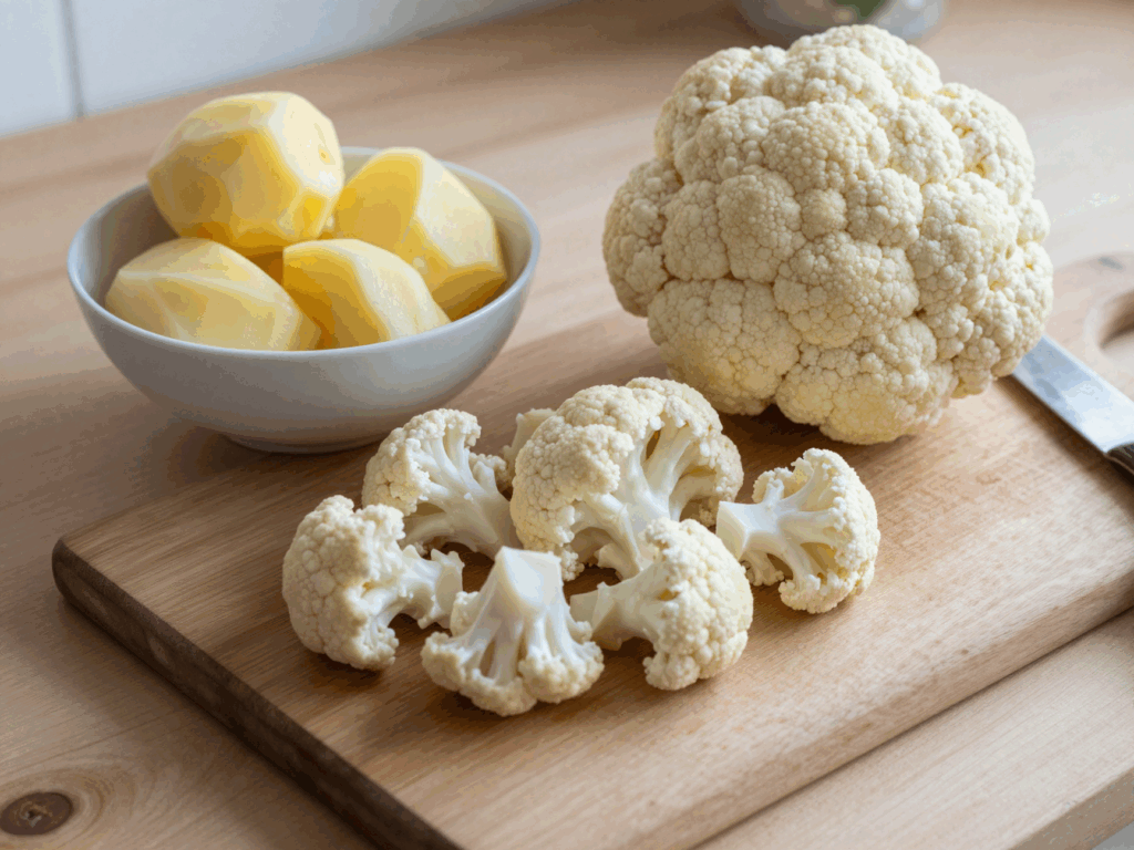 Blumenkohlröschen und Kartoffelscheiben auf einem Holzbrett vorbereitet