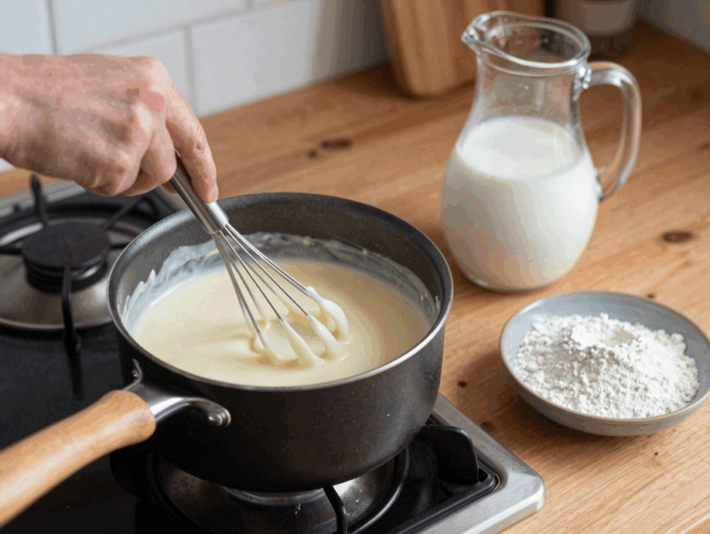 Helle Soße aus Butter, Mehl und Milch wird im Topf mit dem Schneebesen gerührt