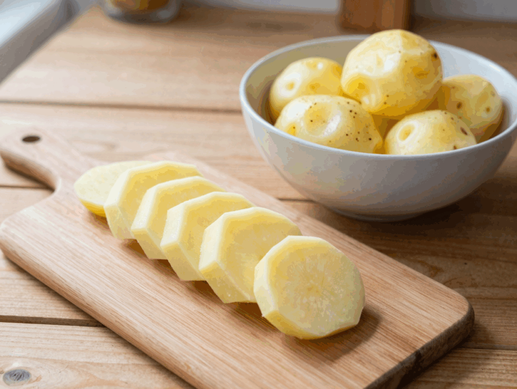 Kalte Pellkartoffeln vom Vortag werden in Scheiben geschnitten
