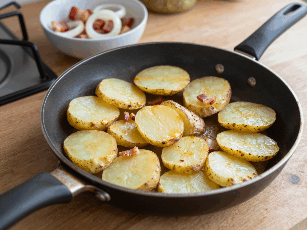 Kartoffelscheiben liegen in einer Lage in der heißen Pfanne