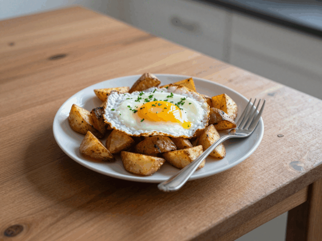 Teller mit Bratkartoffeln und Spiegelei