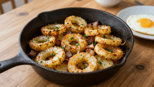 Knusprige Bratkartoffeln mit Zwiebeln und Speck in der Pfanne, daneben ein Spiegelei