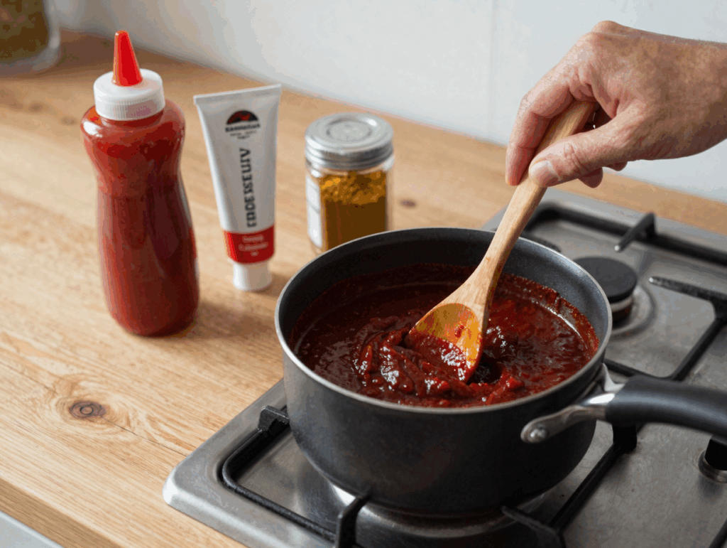 Selbst gerührte Currysauce im kleinen Topf mit Ketchup, Tomatenmark und Currypulver daneben