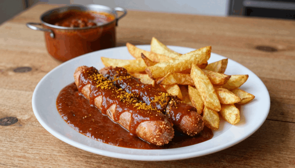 Currywurst in Scheiben mit selbst gerührter Currysauce und Ofenpommes auf einem weißen Teller