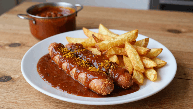 Currywurst in Scheiben mit selbst gerührter Currysauce und Ofenpommes auf einem weißen Teller