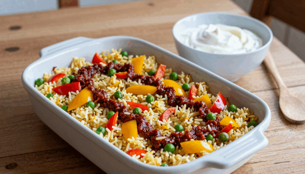 Djuvec-Reis mit Paprika und Erbsen in der Auflaufform, daneben eine Schale Joghurt