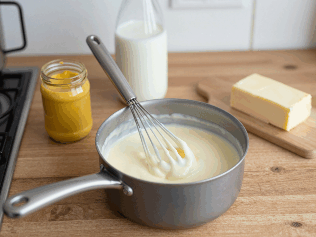 Helle Mehlschwitze mit Milch wird im kleinen Topf glatt gerührt
