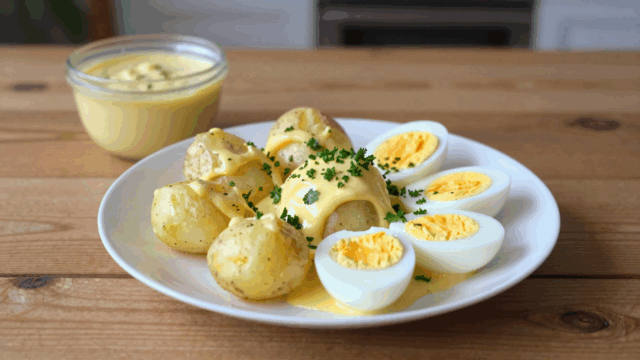 Teller mit Salzkartoffeln und Eiern in heller Senfsoße mit Petersilie