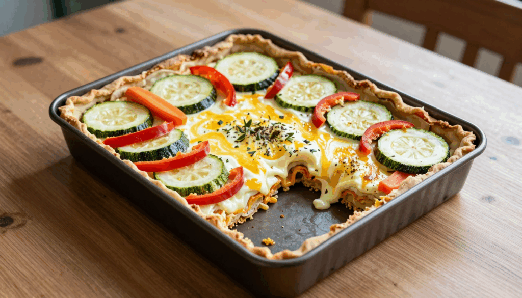 Gemüsekuchen vom Blech mit Zucchini- und Paprikascheiben, ein Stück ist herausgeschnitten