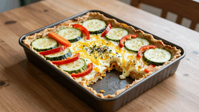 Gemüsekuchen vom Blech mit Zucchini- und Paprikascheiben, ein Stück ist herausgeschnitten