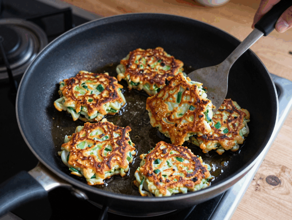 Gemüsepuffer braten in der Pfanne in wenig Öl