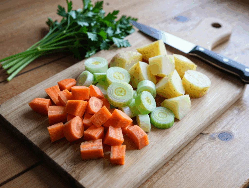 Brett mit gewürfeltem Suppengrün, Kohlrabi und Kartoffeln