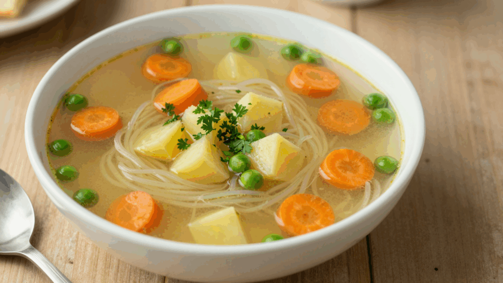 Teller Gemüsesuppe mit Suppennudeln, Möhren, Erbsen und Petersilie