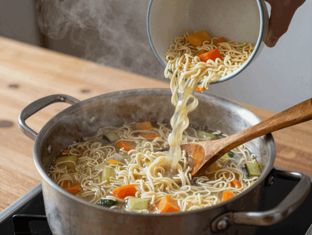 Suppennudeln werden in den Topf mit kochender Gemüsesuppe gegeben