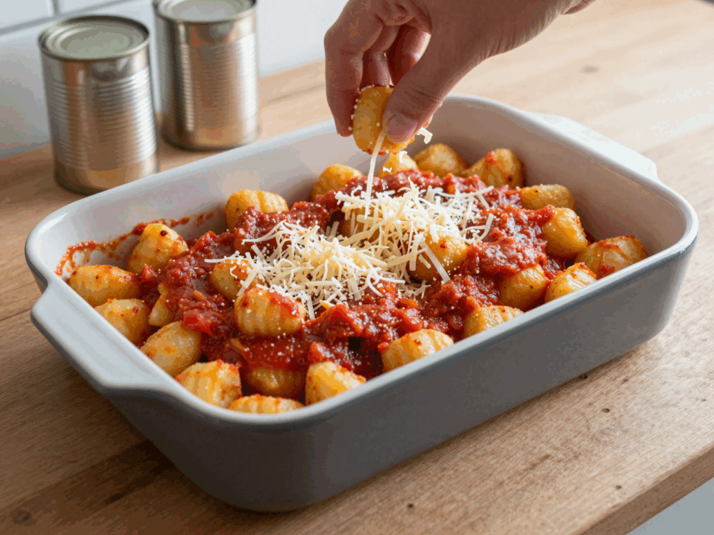 Rohe Gnocchi mit Tomatensoße in der Auflaufform, Käse wird darübergestreut