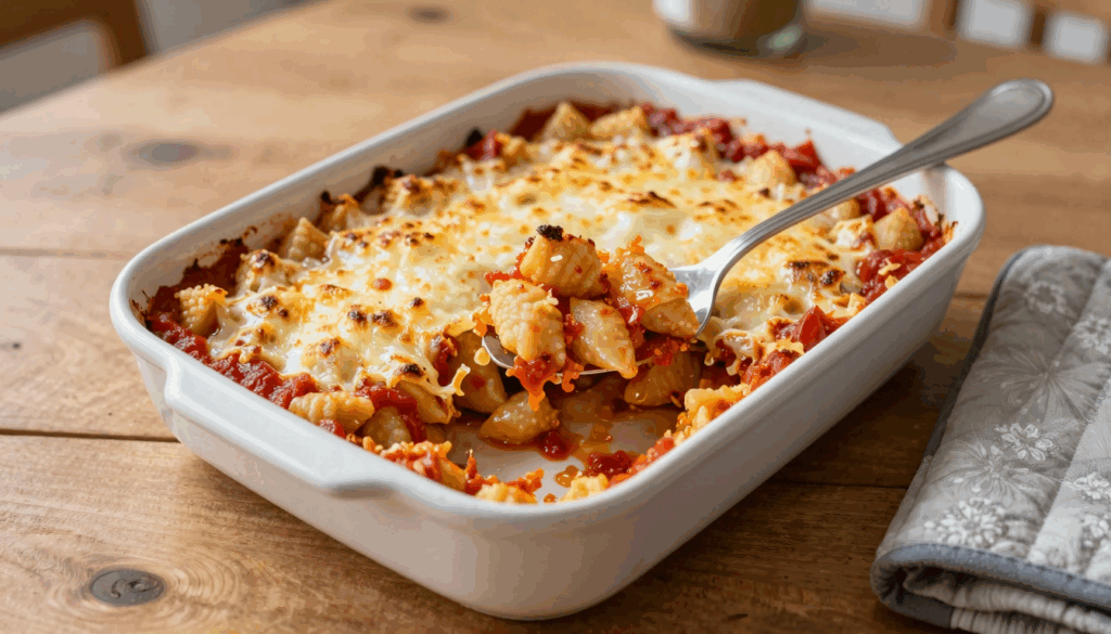 Gnocchi-Auflauf mit Tomatensoße und goldbrauner Käsekruste in der Auflaufform