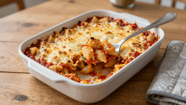 Gnocchi-Auflauf mit Tomatensoße und goldbrauner Käsekruste in der Auflaufform