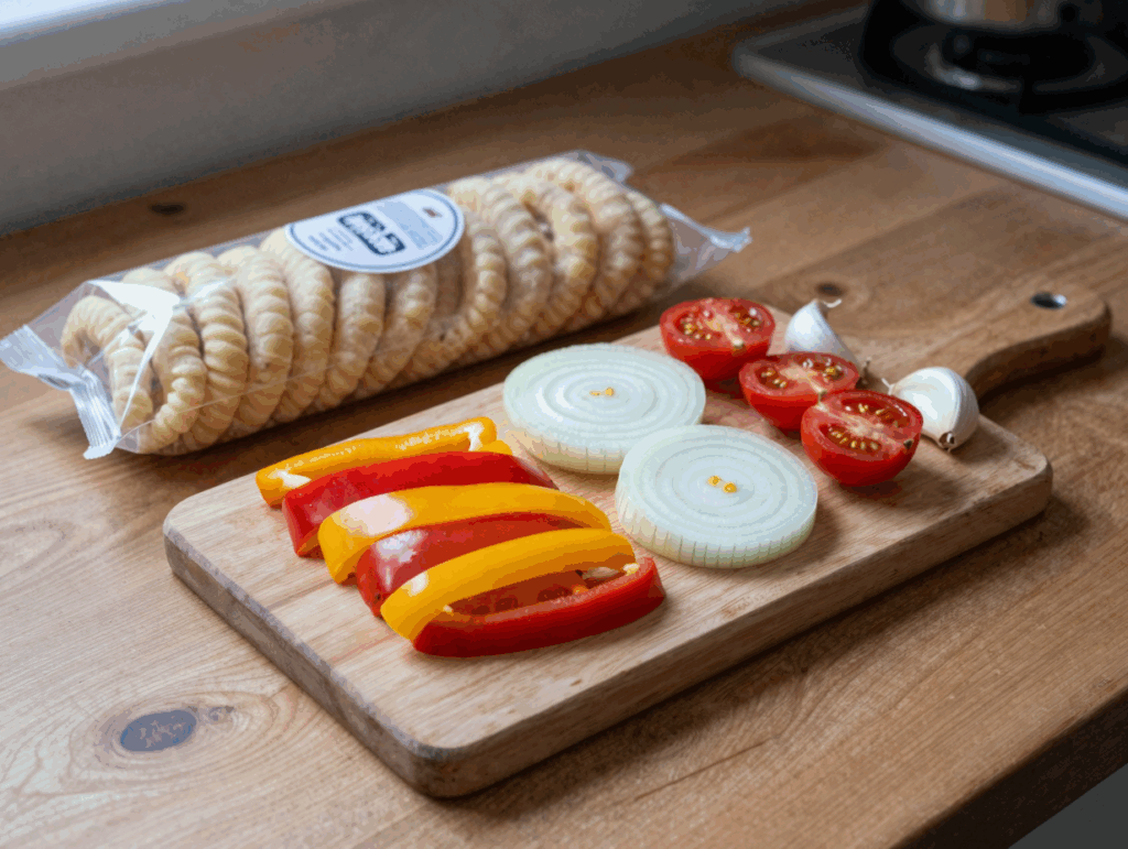 Paprikastreifen, Zwiebelringe und halbierte Kirschtomaten auf einem Holzbrett