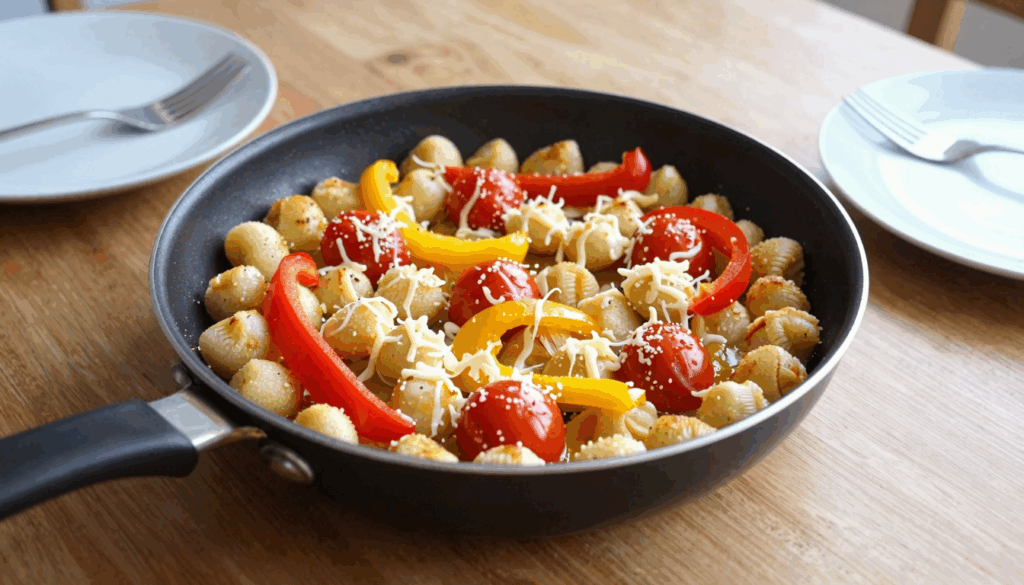 Gnocchi-Pfanne mit Paprikastreifen, Kirschtomaten und geschmolzenem Käse