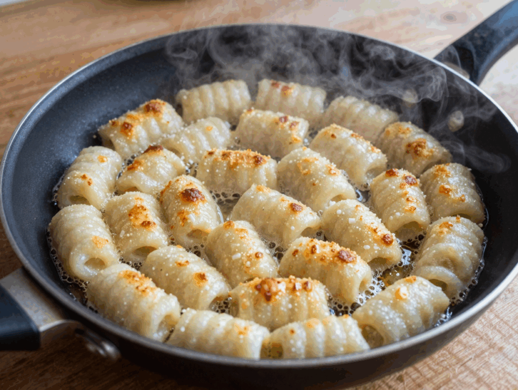 Gnocchi braten in einer Schicht in der heißen Pfanne und bekommen braune Flecken.