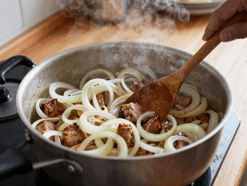 Zwiebeln und angebratenes Gulasch im großen Topf