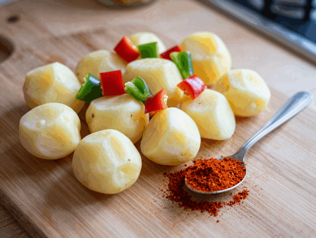 Kartoffelwürfel, Paprikawürfel und Paprikapulver auf dem Holzbrett