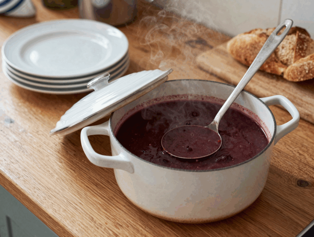 Fertige Gulaschsuppe im Topf mit Kelle und Tellerstapel
