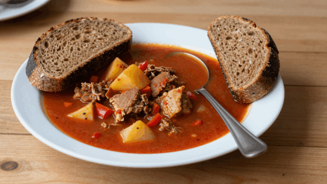 Teller Gulaschsuppe mit Kartoffeln, Paprika und Fleischwürfeln