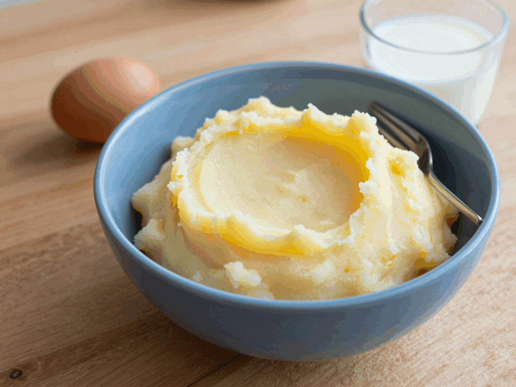 Kalter Kartoffelbrei vom Vortag in einer Schüssel mit Ei und Milch daneben