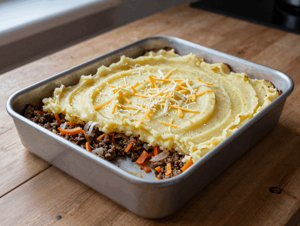Auflaufform mit Hackschicht, aufgestrichener Kartoffeldecke und geriebenem Käse vor dem Backen