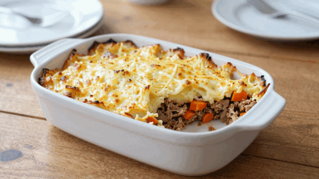 Hackauflauf mit Kartoffelbreidecke und Käsekruste in der Auflaufform, eine Portion herausgenommen