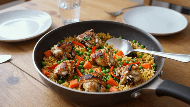 Große Pfanne mit Hähnchen-Reis-Pfanne, Erbsen, Möhren und Paprika