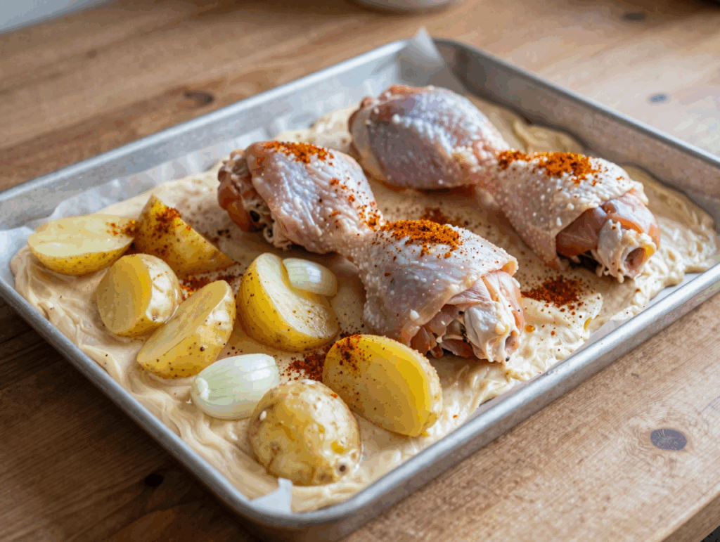 Rohe Kartoffelspalten und Hähnchenunterschenkel auf dem Blech vor dem Backen