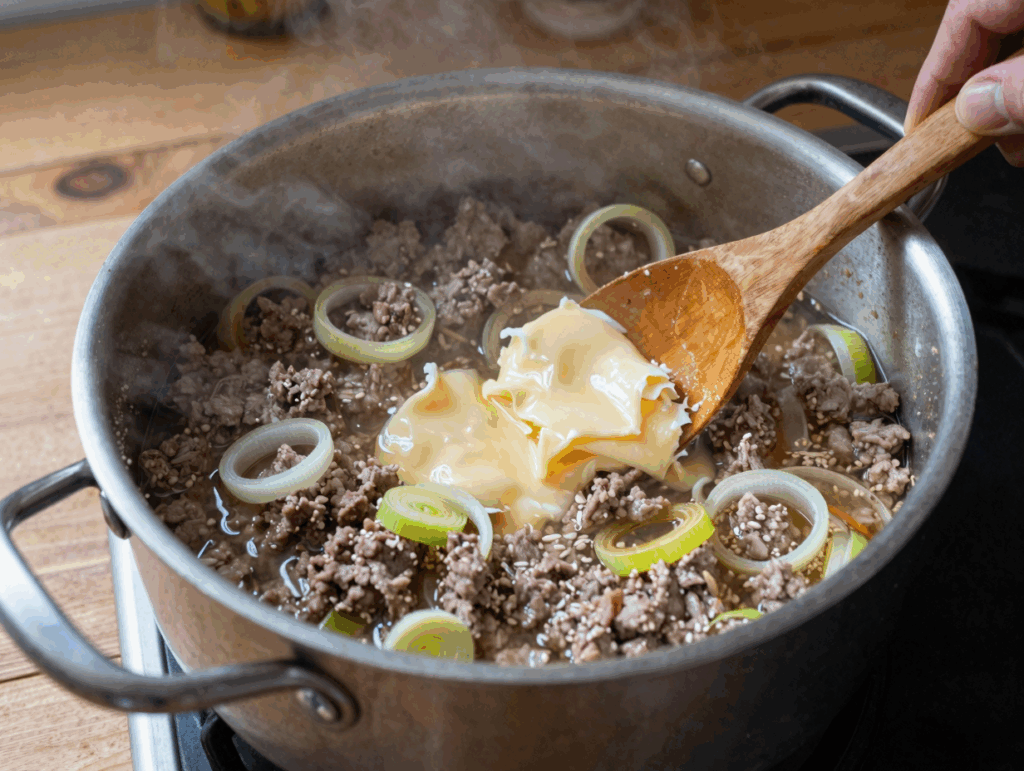 Großer Topf mit Hackfleisch, Lauch und Brühe, der Schmelzkäse wird eingerührt