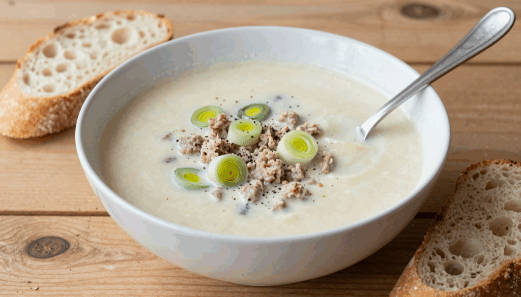 Tiefer Teller cremige Käse-Lauch-Suppe mit Hackfleisch und Lauchringen, daneben eine Scheibe Brot