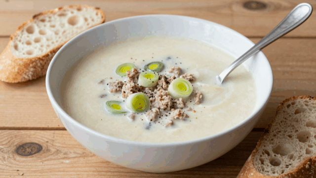 Tiefer Teller cremige Käse-Lauch-Suppe mit Hackfleisch und Lauchringen, daneben eine Scheibe Brot