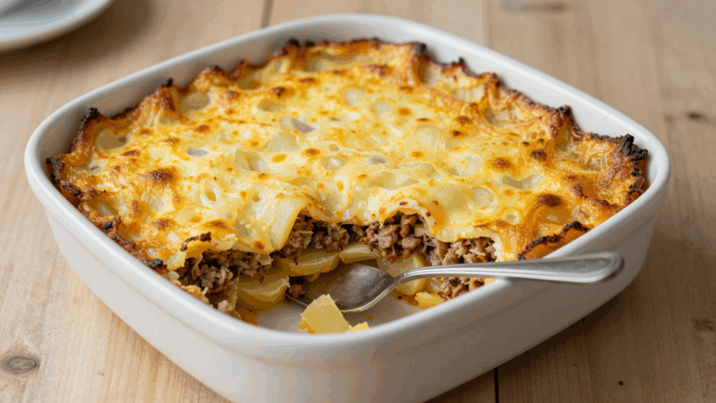 Kartoffel-Hackfleisch-Auflauf mit dunkelgoldener Käsekruste in der Auflaufform, eine Portion ist entnommen