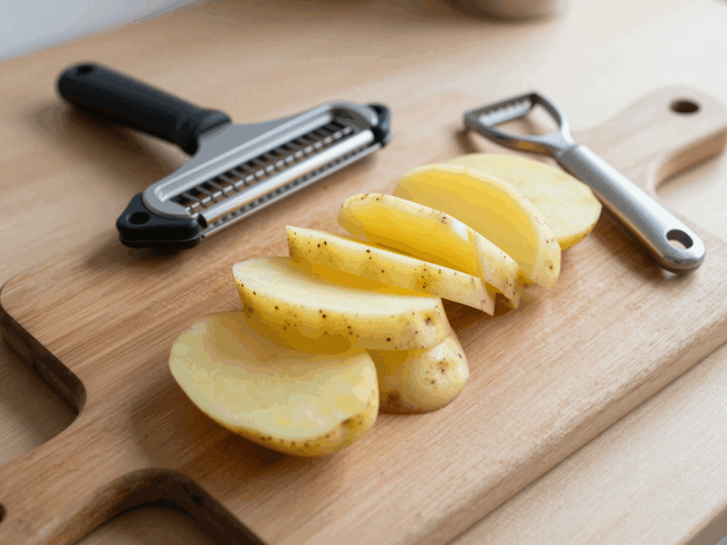 Dünn gehobelte rohe Kartoffelscheiben auf einem Holzbrett neben einem Gemüsehobel