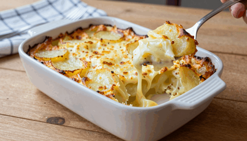 Kartoffelgratin mit goldbrauner Käsekruste in der Auflaufform, eine Portion herausgehoben