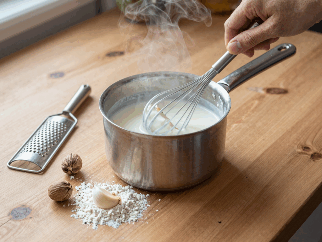 Milch mit Mehl und Knoblauch wird im Topf glatt gerührt