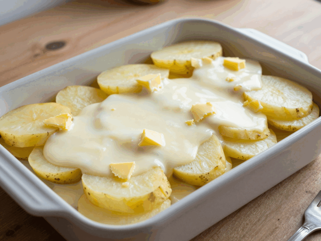 Dachziegelartig geschichtete Kartoffelscheiben in der Form mit Milchguss und Butterflöckchen