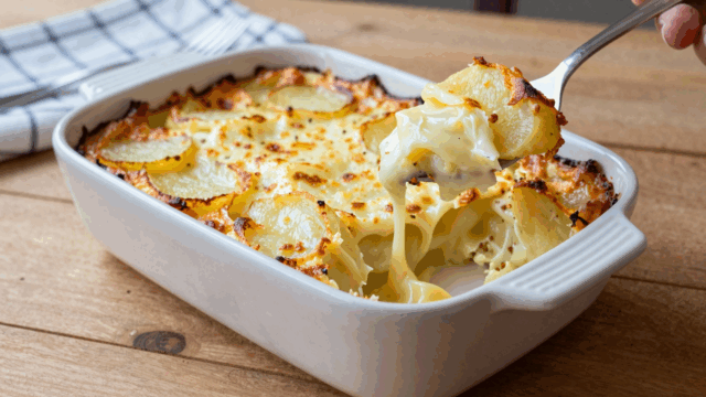 Kartoffelgratin mit goldbrauner Käsekruste in der Auflaufform, eine Portion herausgehoben